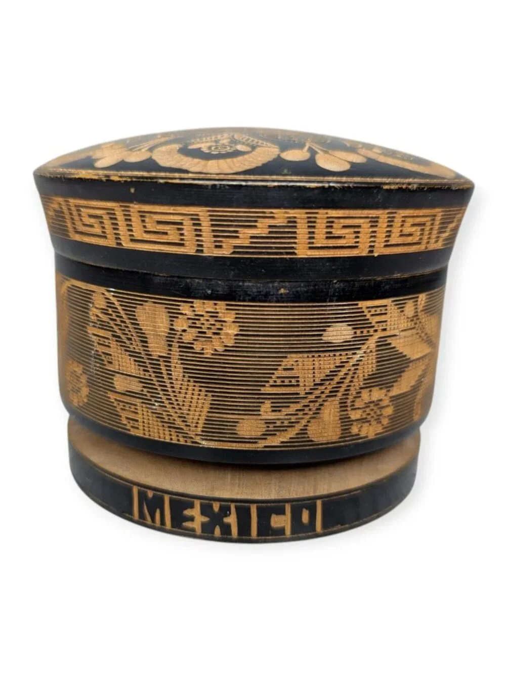 Vintage Round Wooden Carved Trinket Box w/ Lid Says Mexico